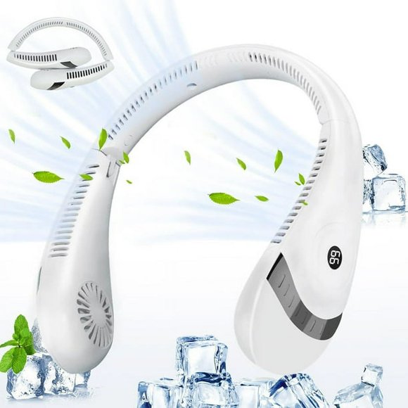Portable Neck Fan 5000mAh Foldable Neck Fan LED Display, 3 Speeds Adjustable Folding Neck Fan USB Powered Hands Free Fan White