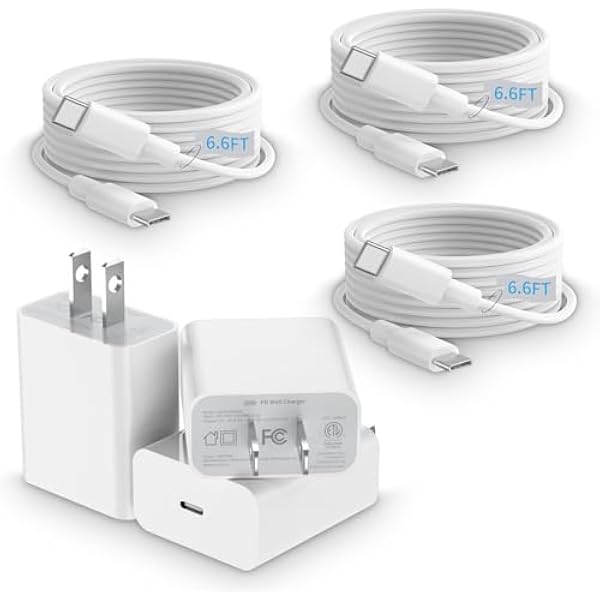 USB C Charger for iPhone 15 Charger, 3-Pack 20W PD USB-C Fast Wall Charger, Type C Charger Block with 3Pack 6.6 ft USBC Charger Cable for iPhone 16/15 Pro/15 Pro Max/iPad Pro/AirPods & Android Phones