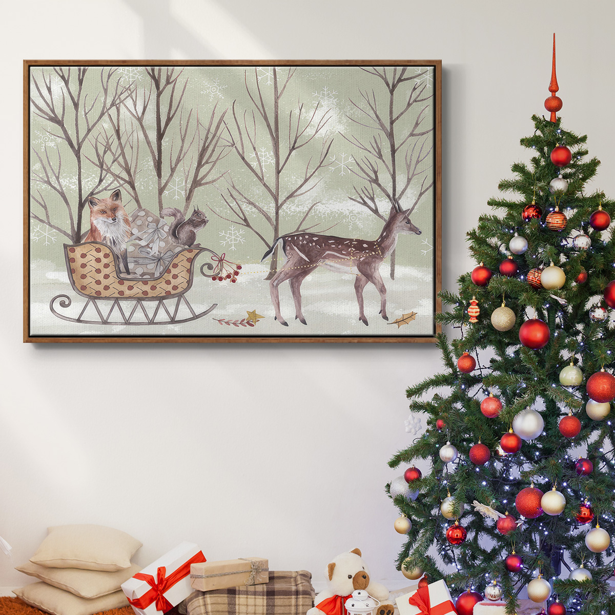 Christmas Time I - Framed Gallery Wrapped Holiday Canvas - 17 x 25 - Rosewood Frame