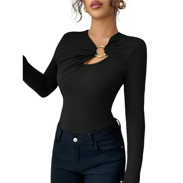 Female Metal Ring Long Sleeve Asymmetrical Neck T Shirt Slim Fit Ruched Going Out Tops