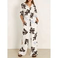 thumbnail image 2 of Biezeib Women's Summer 2Pcs Outfits Cartoon Palm Leaf Print Short Sleeves Lapel Tops with Drawstring Pants Set, 2 of 6