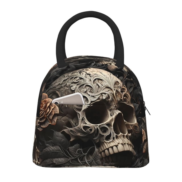 Balery Vintage Pattern Flower Skull Bolsa de Almuerzo para Mujeres, Caja de Almuerzo, Bolsa de Almuerzo Pequeña Impermeable, Tote de Almuerzo Reutilizable con Gran Capacidad