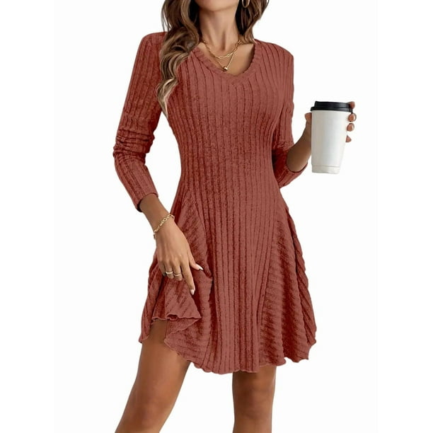 Vestido Corto de Punto Acanalado de Larga para Mujer, Otoño e Invierno, Cuello en V, Informal, Corte A Rojo Ladrillo L