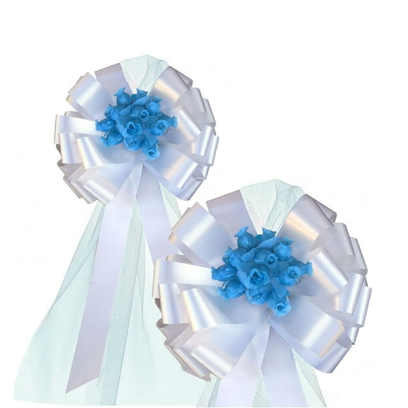 White Pull Bows with Turquoise Tulle Tails and Rosebuds - 8" Wide, Set of 6, Wedding Pew Bows, Reception, Aisle Decor, Anniversary