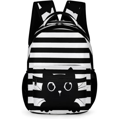 Black Cat Backpack Cute Kitten Cat School Backpack for Girls, Kids Cat Backpack for Girls Boys, Funny Animal Black and White Stripe Backpack, Elementary Boys Girls School Backpack, 16.5 Inch