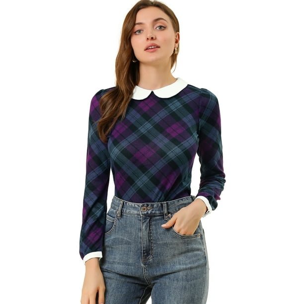 INSPIRE CHIC Blusaa Cuadros Cuello Peter Pan Manga Abullonada En Contraste Camisa Para Mujer Morado M