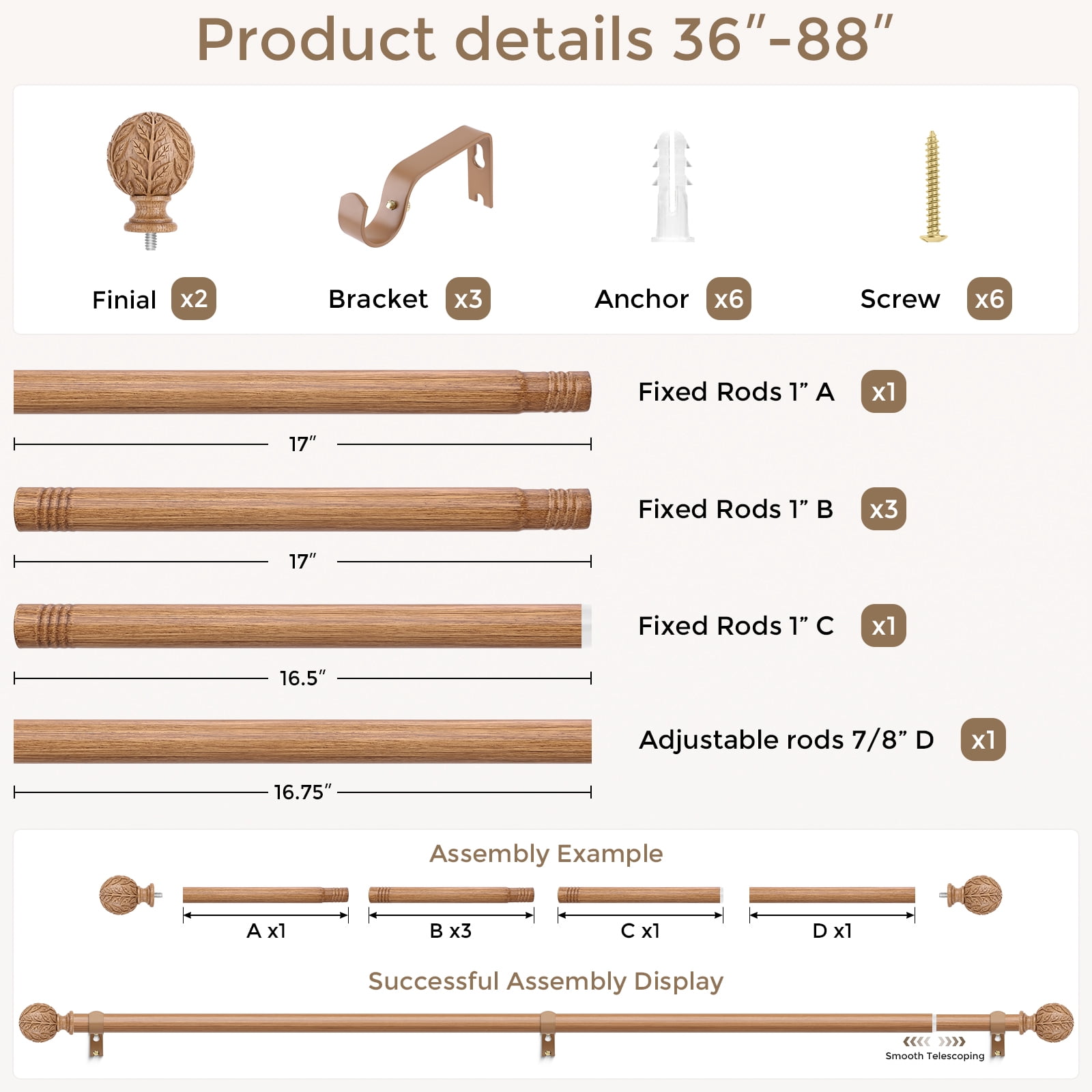 OLV Boho Curtain Rods 36-88" Heavy Duty with Wood Grain Leaf Finial,Burlywood