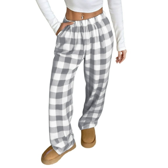 YDDIAN Womens Flannel Pajama Pants Comfy Fuzzy Cute Plaid Pj Pants Soft Plush Warm Wide Leg Lounge Sleepwear with Pockets Gray L