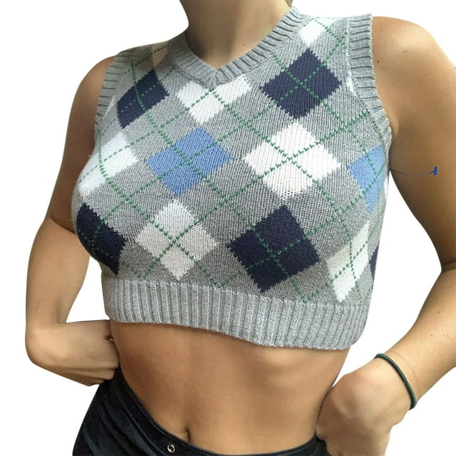 Woman?s Retro Knitted Bare Midriff Waistcoat, Diamond Pattern Ribbing Elastic Slim V-neck Sleeveless Sweater, Daily Life