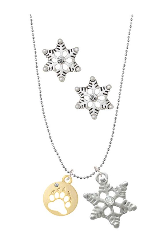 Goldtone Bear Paw Silhouette Silver tone Snowflake Charm Necklace and Stud Earrings