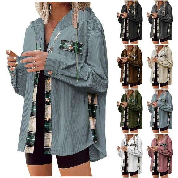 Women's Plaid Jacket Blue Fall And Winter Lattice Splice Pocket Buttons Long Sleeve Casual Hooded Outwears Coats M