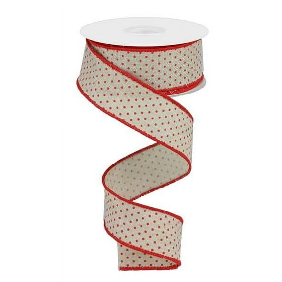 Swiss Dots On Burlap Wired Ribbon, Beige Red - 1.5 Inches x 10 Yards (30 Feet)