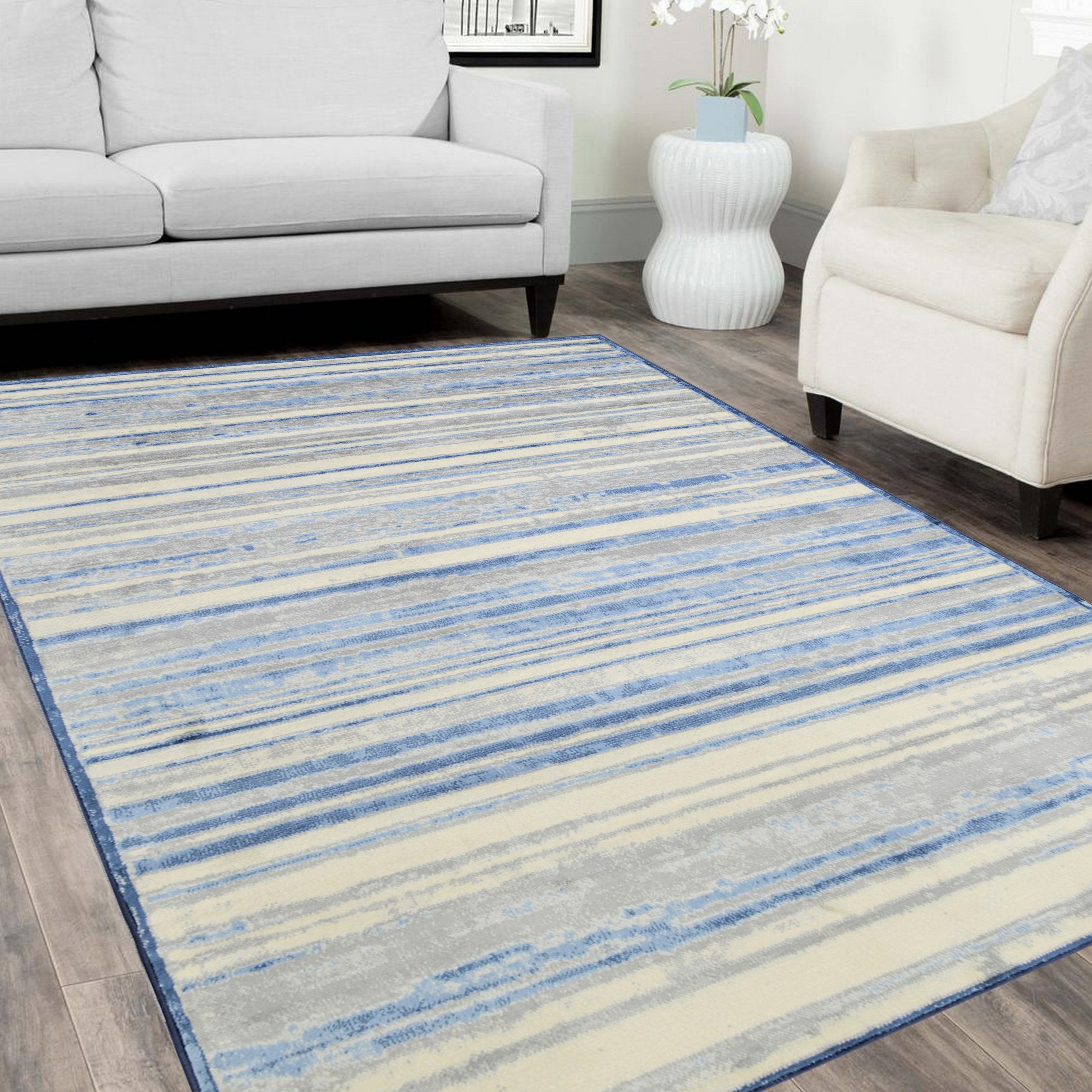 HR Blue & Silver Rugs Stripped Pattern Area Rug 8x10 Contemporary