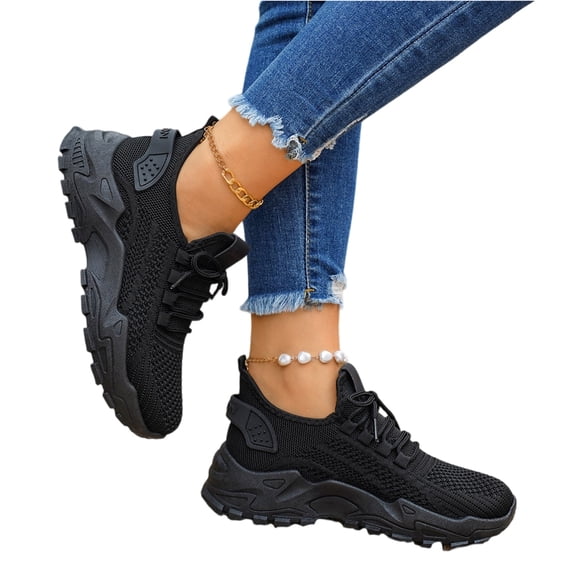 HTHLVMD Knit Chunky Sneakers, Lace-Up Athletic Shoes, Woman Slip On Walking Shoes Non Slip Breathable Lightweight Sneakers Athletic Tennis Running Shoes for Gym Travel Jogging, Black 6