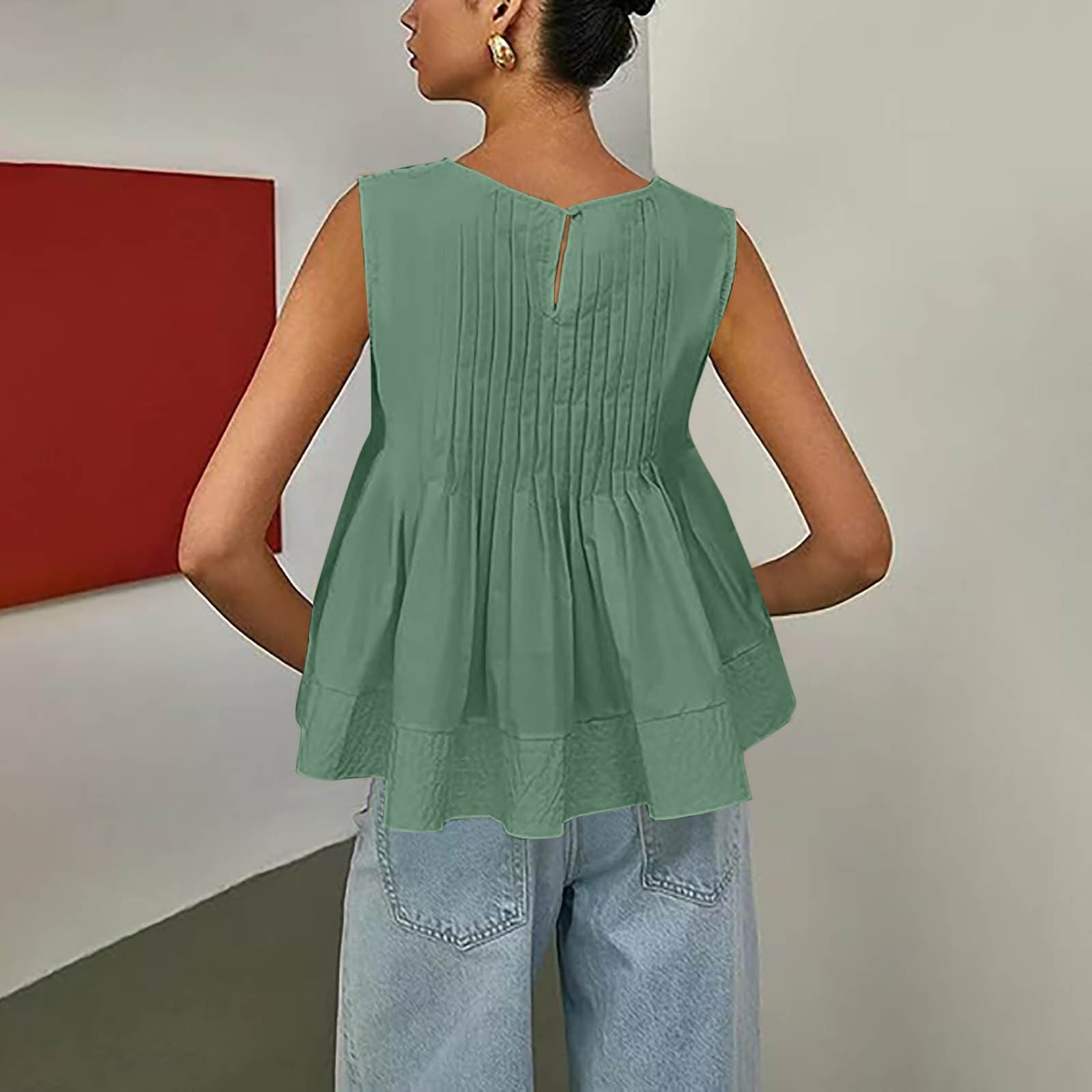 Womens Summer Pleated Peplum Sleeveless Solid Blouse Tank Tops Round Neck Y2K Babydoll Blouse Cotton Shirt