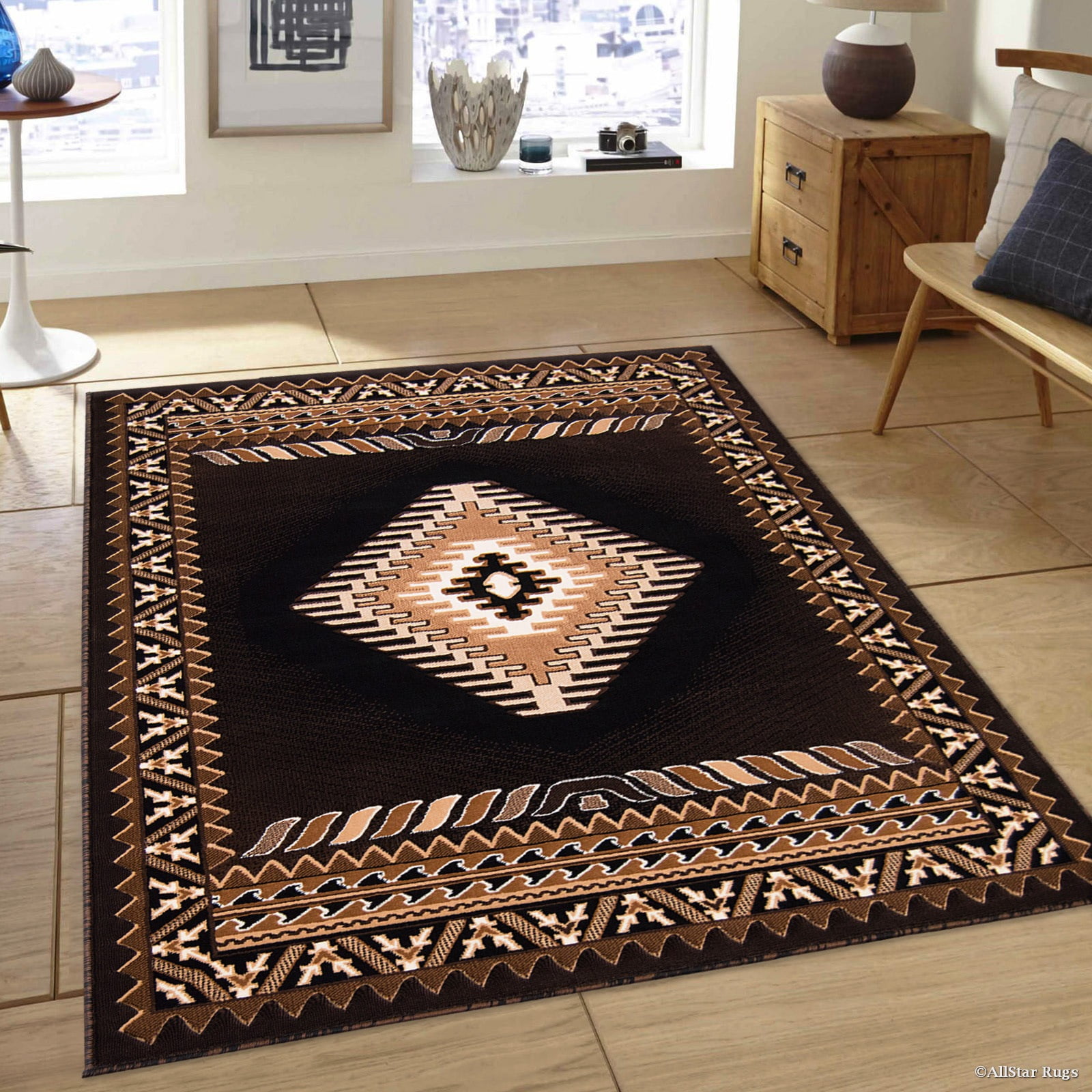 Black Geometric Southwestern Synthetic 5' x 7' Area Rug