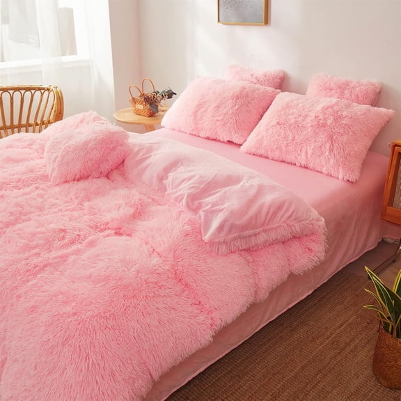 Fluffy Faux Fur Pink Comforter Cover Set Queen - Ultra Soft Plush Pink Bedding Sets 3 Pieces (1 Fluffy Duvet Cover 2 Faux Fur Pillow case) Cute Bed Set (Light Pink, Queen)