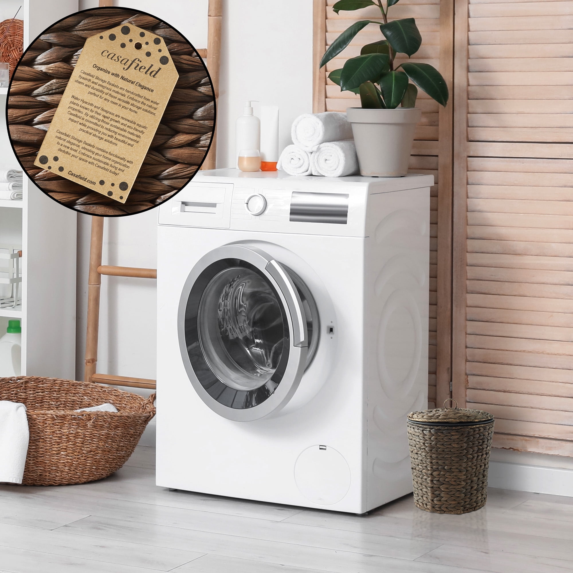 Casafield Hyacinth Trash Can with Lid and Liner, Espresso Brown Wicker Waste Basket for Garbage in the Bathroom, Bedroom, Laundry Room, Home Office