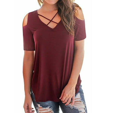 Ladies Cold Off Shoulder Short Sleeve T Shirts V Neck Tops Casual Criss Cross Tunic Blouse Women Summer Baggy Tee