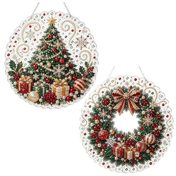 2PCS Christmas Pearl Diamond Art Hanging Ornament Kit - Diamond Art Suncatchers - DIY Pearl Bead Painting Kits for Adult, Christmas Party Decorations for Home Wall Decor