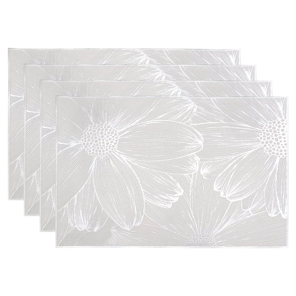 Soft Silver Pearl-Shine Petal Embossed Textured Vinyl Placemats, Set of 4