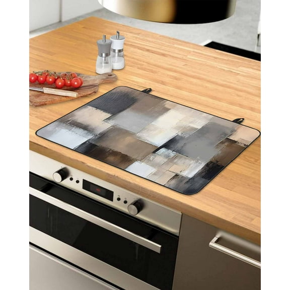 nqOlkjepod Large Induction Cooktop Protector Mat 31"x24", Grey Brown Abstract Stove Top Covers for Electric Stove, Oil Painting Color Blocks Decorative Stove Burner Cover Mats, Glass Top Stove Cover
