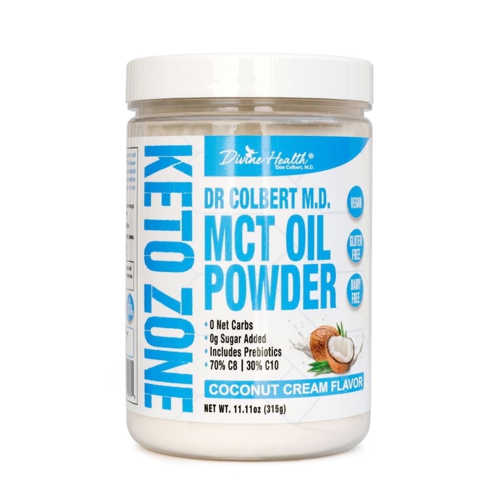 Dr. Colbert, MD MCT Oil Powder | Coconut Cream Flavor | by Divine Health | Keto Zone | 75/C8 25/C10 | 0 Net Carbs | 30 Day Supply | 315g