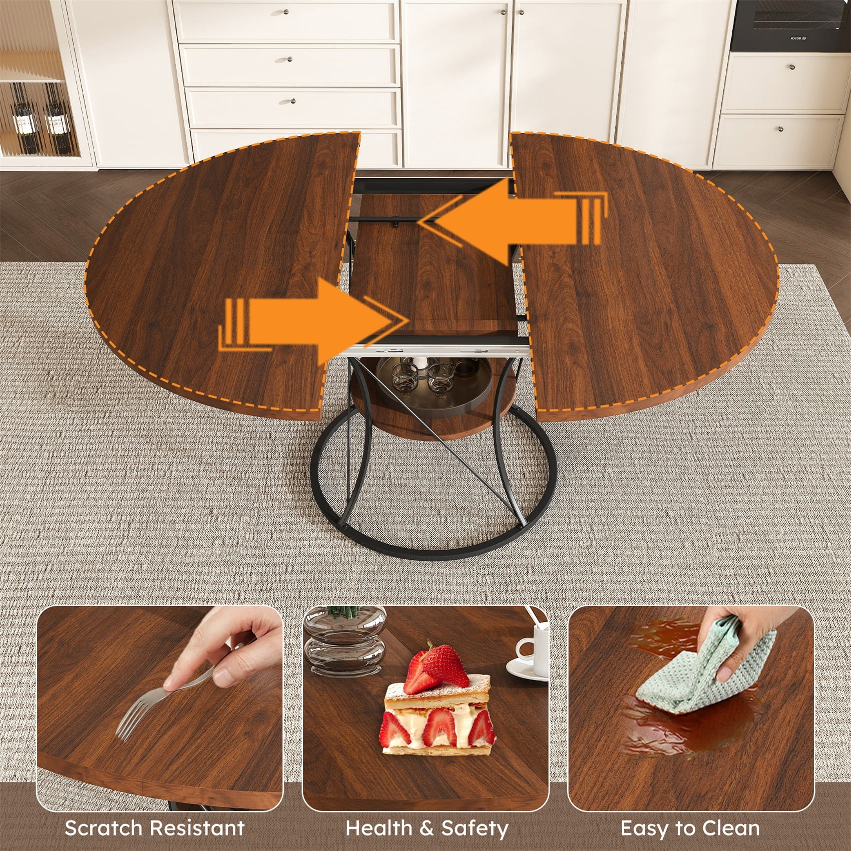 Alvantor Extendable Round Dining Table for 4-6 People, Modern Wood Farmhouse Table with Storage Shelf & Metal Base Perfect for Small Space Walnut