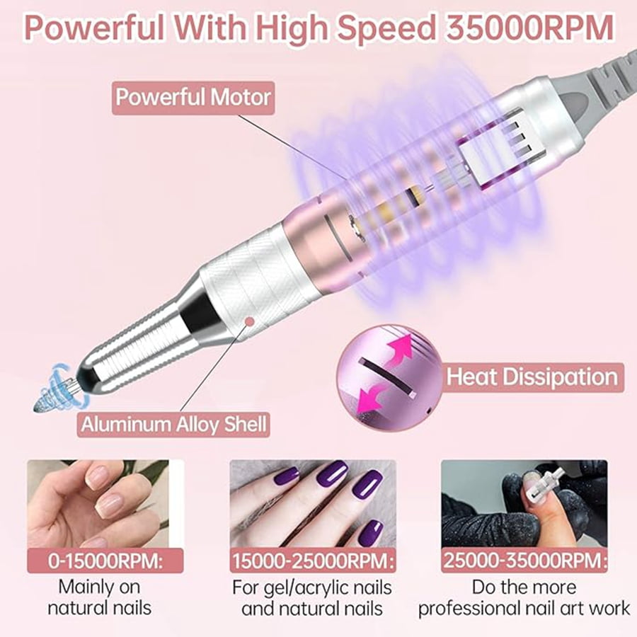 DYLA Electric Nail Drill Machine 35000RPM, Portable Nail Drill Rechargeable with 6 Drill Bits, Nail Drills for Acrylic Nails Professional E File Nail Machine Drill Professional