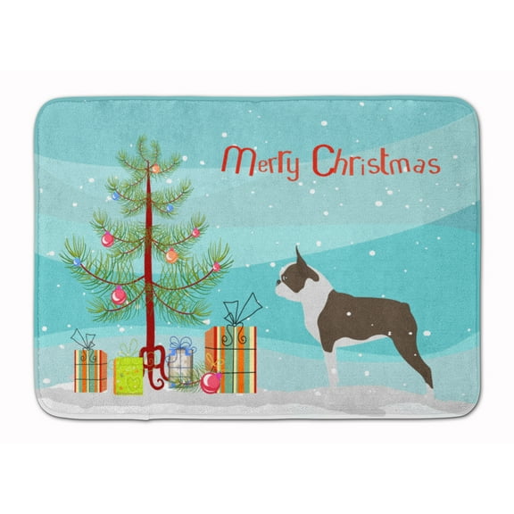 Boston Terrier Merry Christmas Tree Machine Washable Memory Foam Mat