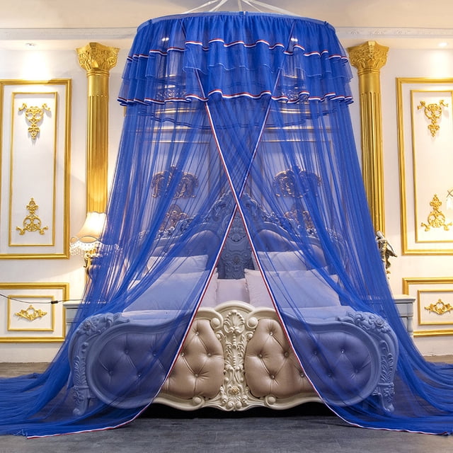 Toldo de cama de princesa para niñas, cortina de dosel de cama, cortina de cama de cúpula de malla transparente de doble capa, tienda de mosquitera de princesa de encaje redondo (azul)