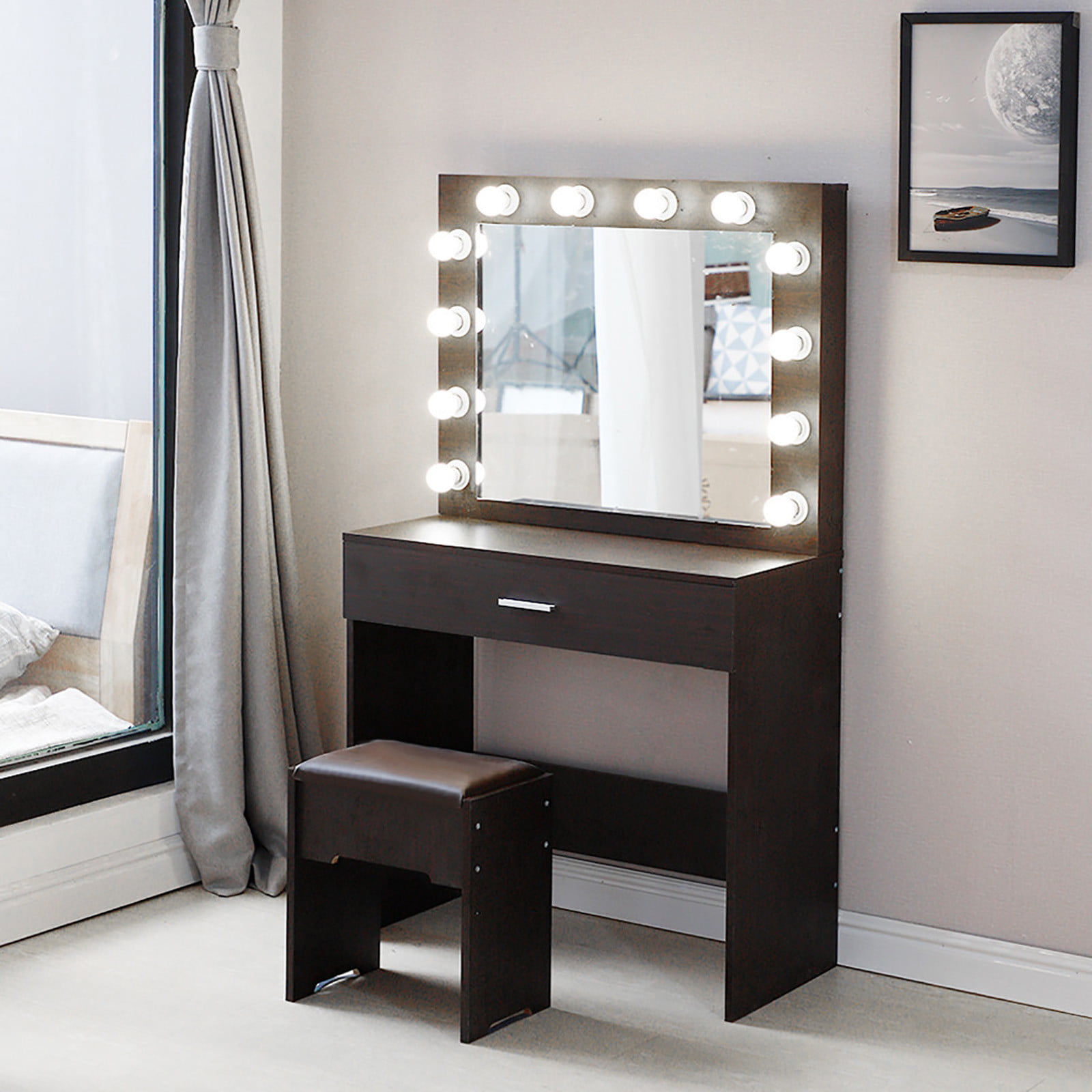 Details about   Vanity Set W/Lighted Mirror Cushioned Stool Dressing Table Makeup Table,Stool 