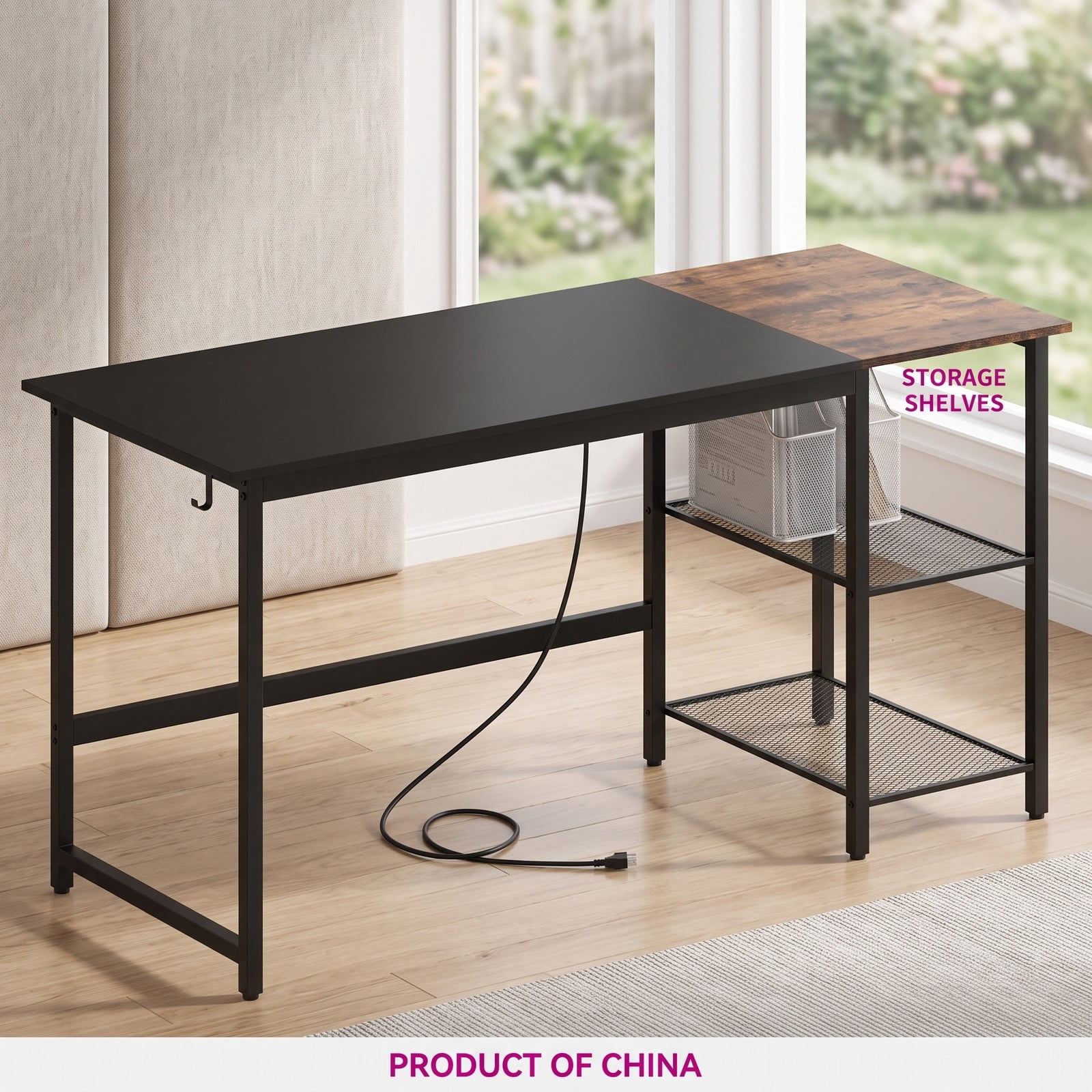 Furnibear 59 Inch Computer Desk with Charging Station, Home Office Writing Desk with 2-Tier Storage Shelves, Metal Frame Study Desk with USB &, Black & Rustic Brown