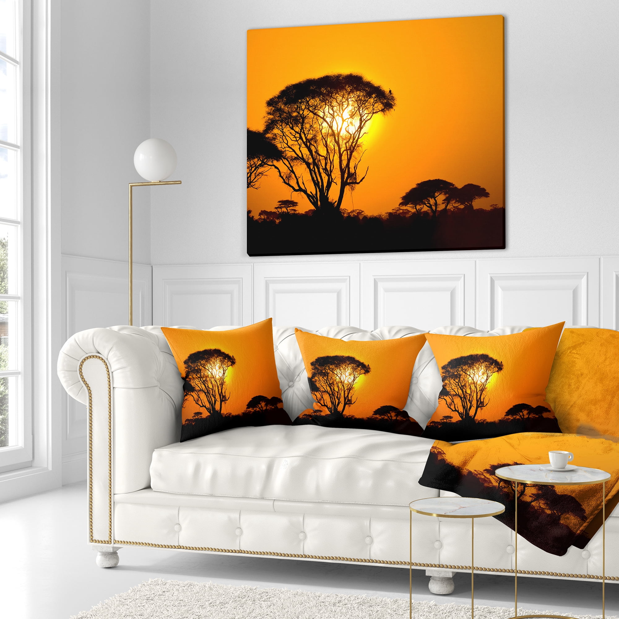 Designart Beautiful African Sunset in Savannah - African Landscape Printed Throw Pillow - 18x18