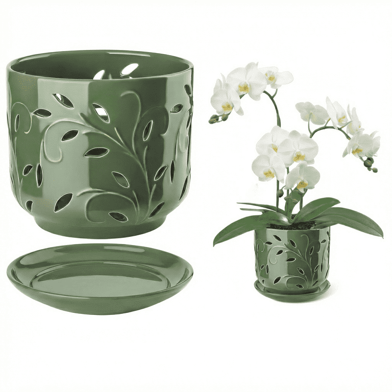 BUYMAX, Green Ceramic Orchid Pot, 7 inch, Drainage Holes and Tray