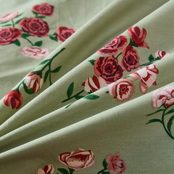 100% Cotton Duvet Cover Set – Green Classic Botanical Print Bedding Set 3 Pieces, Breathable Lightweight Comforter Cover with Zipper Closure, Vintage Garden Floral Bed Set
