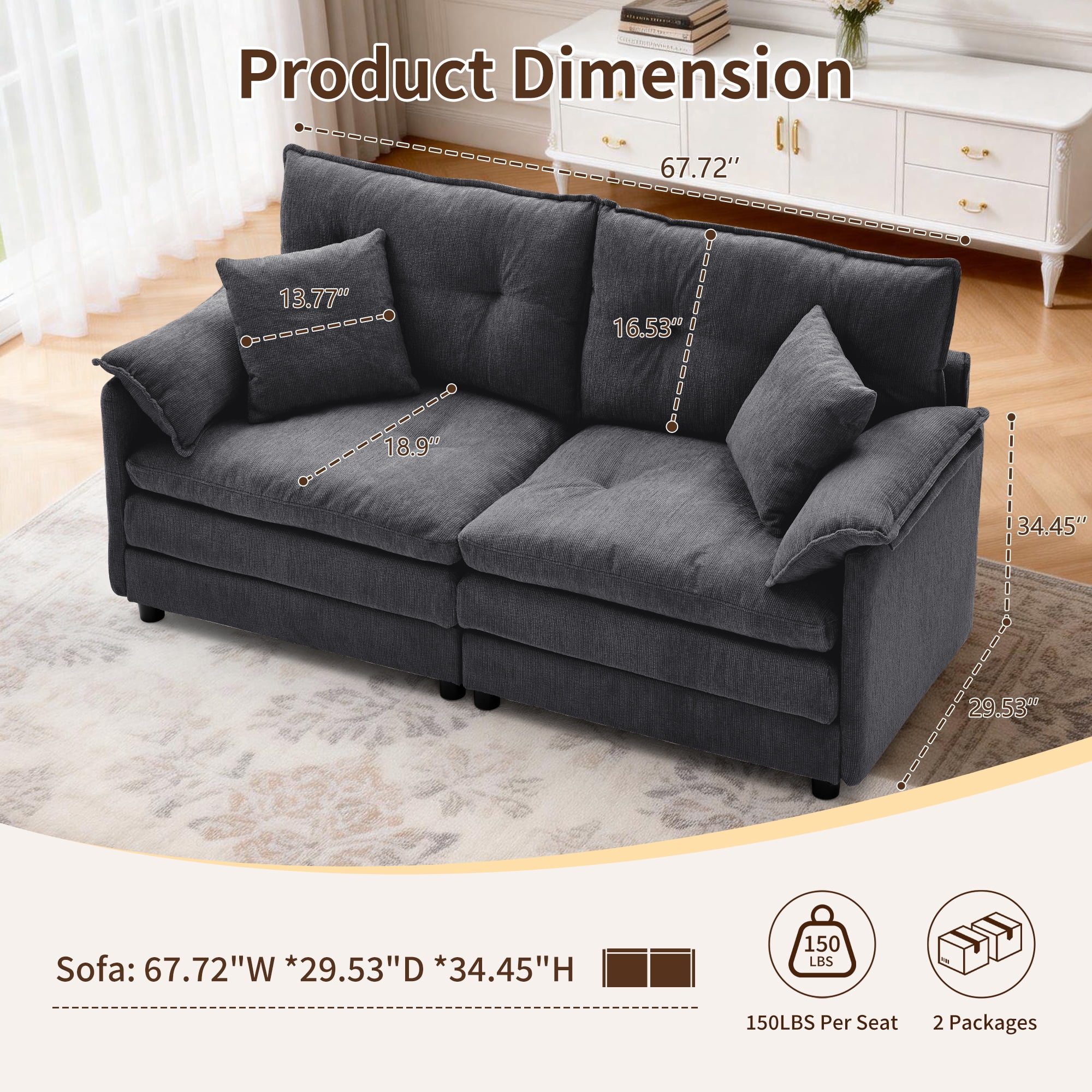 Korser Loveseat Sofa with Deep Seat Cloud Couch with 2 Pillows,Chenille 2-seater Sofa Small Couch for Living Room,Assembly Required,Dark Grey
