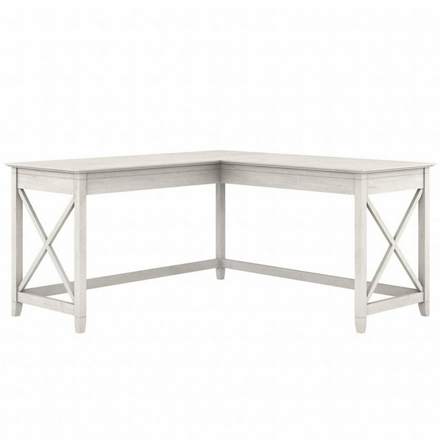 L shaped desk in reclaimed pine finish with X frame side supports and clean lines