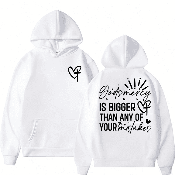 Women's White Print Hoodie Graphic Sweatshirt God's Mercy S-2XL Tops
