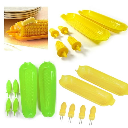 - 12 Pc Corn On The Cob Serving Set Dish Tray Server Skewers Prongs Holder Kitchen
