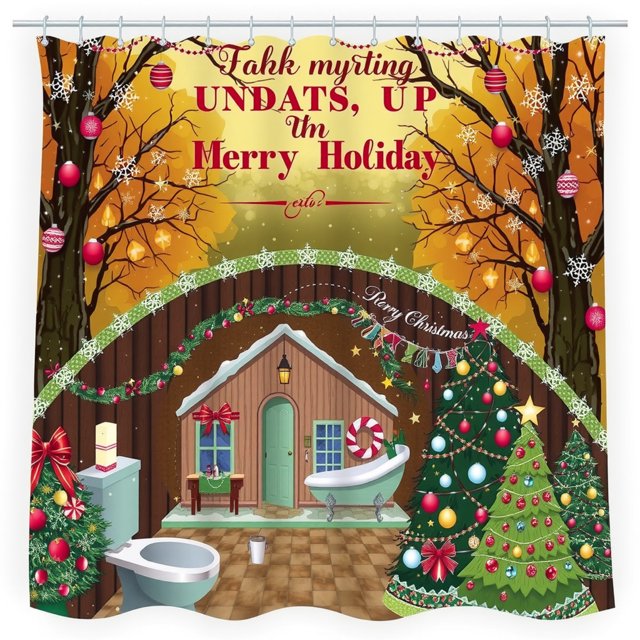 Rideau de Douche de Noël Festif avec Scène de Forêt Fantaisiste et Design de Cabane