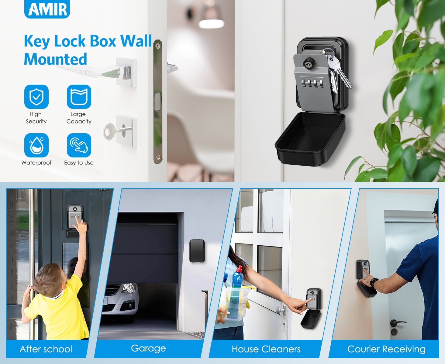 Key Lock Box, AMIR Key Safe Box with Emergency Key 10 Keys Capacity Waterproof Wall Mounted Key Storage Box for Home Warehouse Basement Garage Outdoor