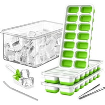 Ice Cube Tray with Lid and Bin (3 Pack, Green) Silicone Plastic Ice Cube Trays for Freezer, BPA Free Ice Trays with Bin, Ice Scoop, Ice Tong and Drinking Straw Stackable Ice Trays for Cocktail