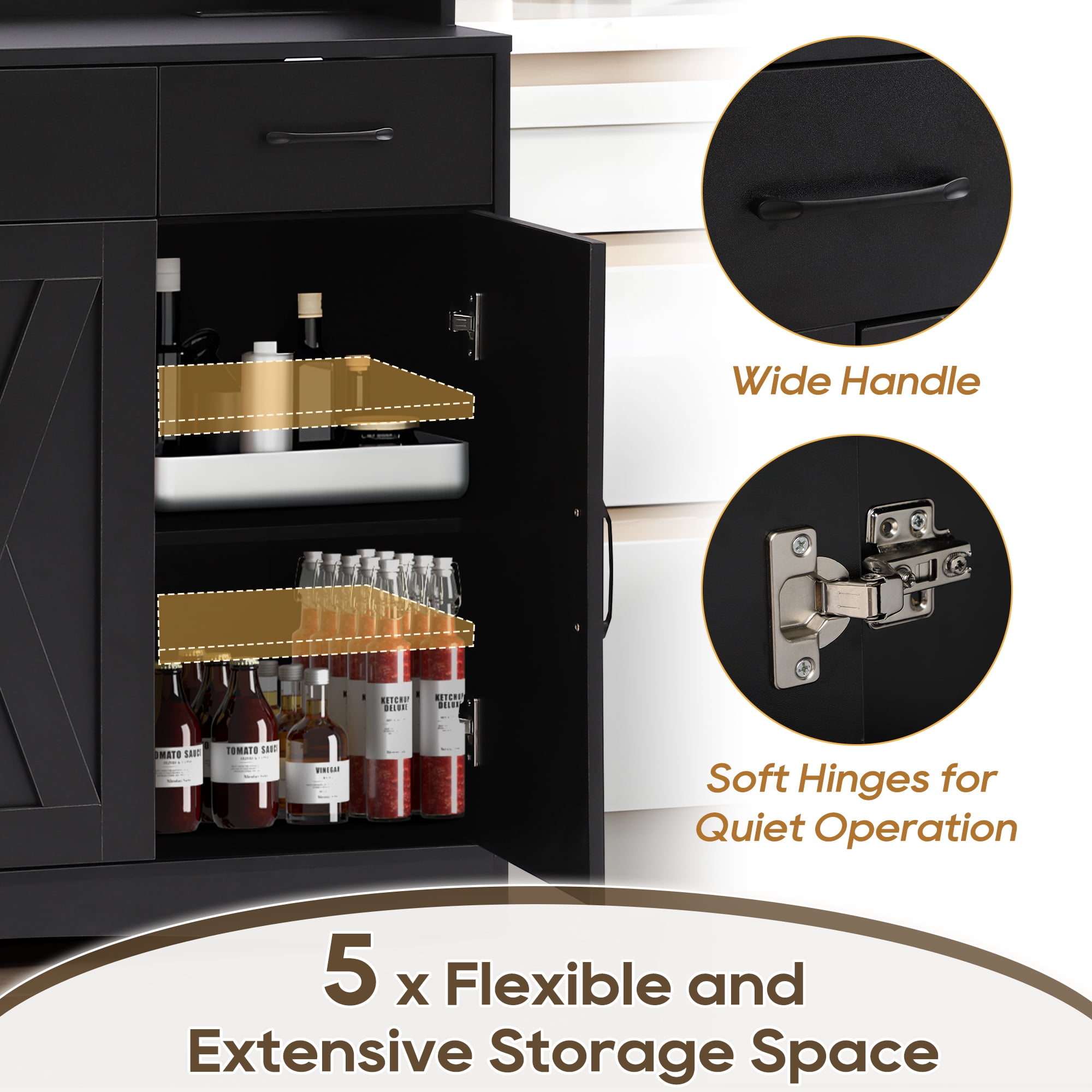 Haverchair 71" Kitchen Pantry Storage Cabinet, Farmhouse Hutch Cabinet with Microwave Stand, Tall Food Pantry Cabinets w/2 Drawers & 6 Hooks, Charging Station, Storage Cabinets for Dining Room