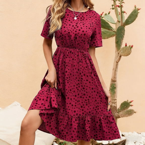 Maqroz Womens Short Sleeve Polka Dot Dress Round Neck Loose Flowy Midi Sundress for Summer Party Hot Pink XL