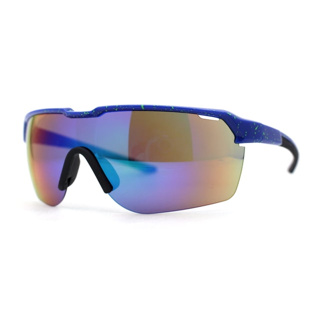 Mens 90s Classic Half Rim Sport Wraparound Plastic Sunglasses Blue Rainbow Mirror