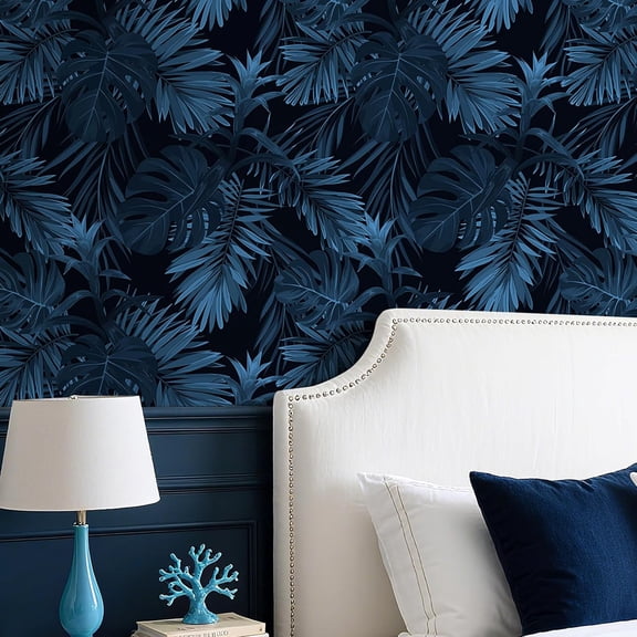 17.5x276" Dark Navy Blue Peel and Stick Wallpaper Tropical Leaves Self Adhesive Royal Blue Moody Wallpaper for Bedroom Renter Friendly Bathroom Wall Paper Waterproof Contact Paper Kitchen