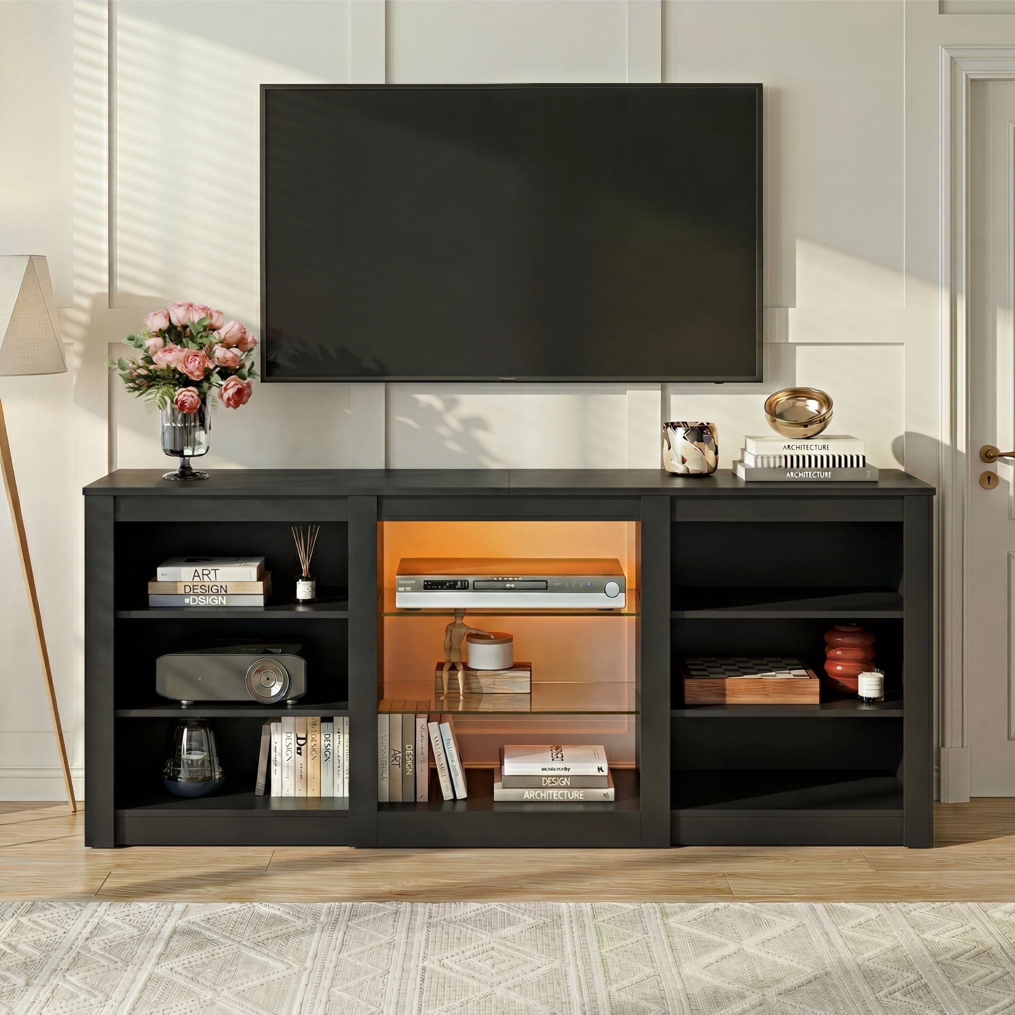 GALAXHERO Modern TV Stand for 65 Inch TV Entertainment Center with Adjustable Open Shelves & LED Lights Sturdy Media Console for Living Room, Bedroom, Gaming Black