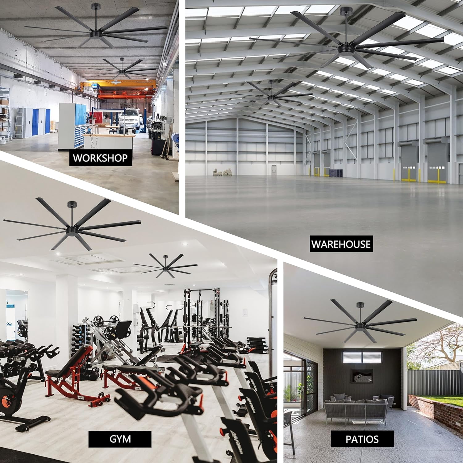Ohniyou 96" Industrial Ceiling Fan No Light, Remote/APP Controlled, DC Motor High CFM Large Metal Fan with 8 Aluminum Blades for Shop Warehouse Gym, Black