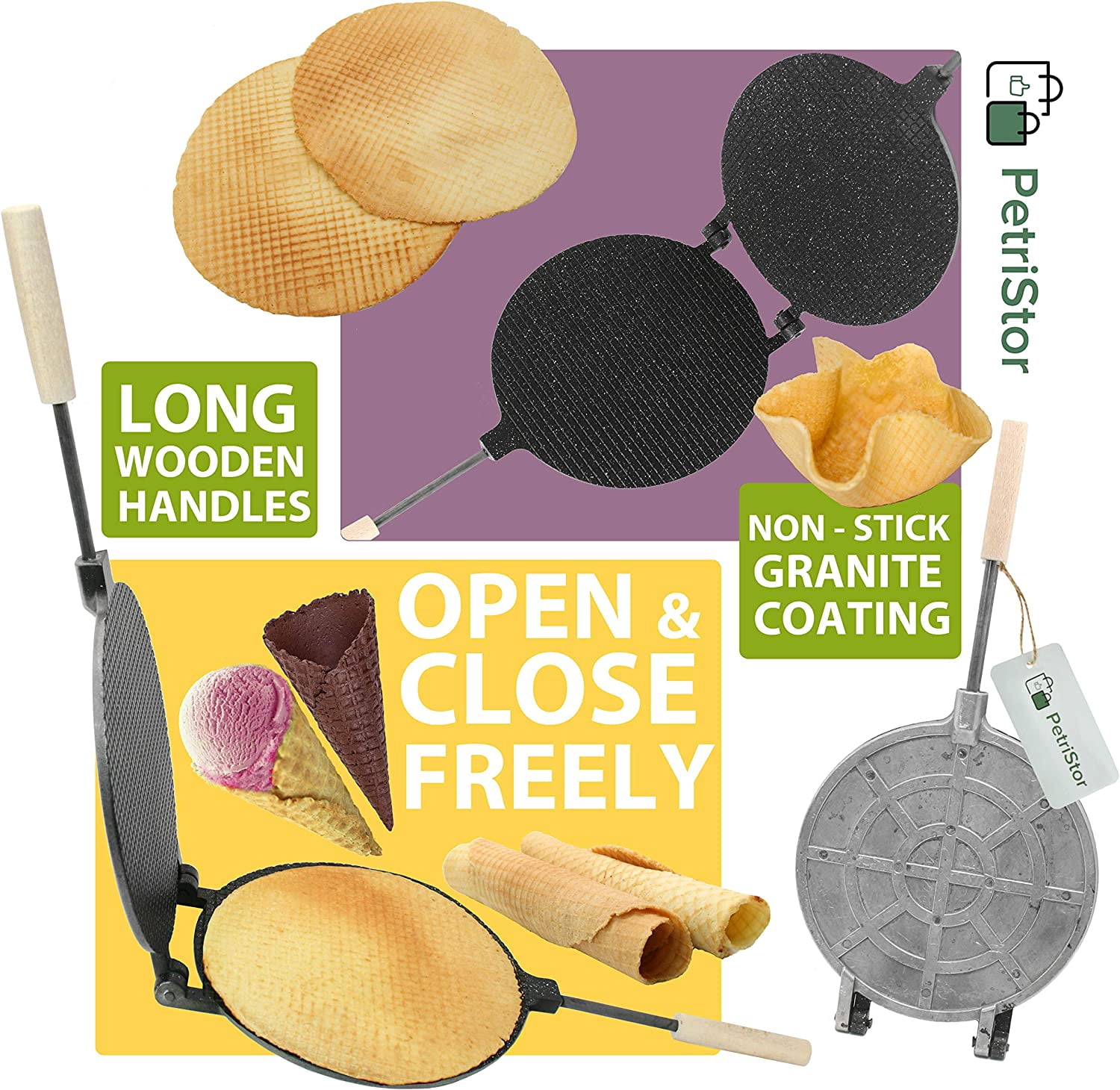 Round Waffle Maker with Nonstick Granite Coating - 8 Inch Electric Stove Compatible Krumkake Iron for Homemade Waffles and Ice Cream Cones